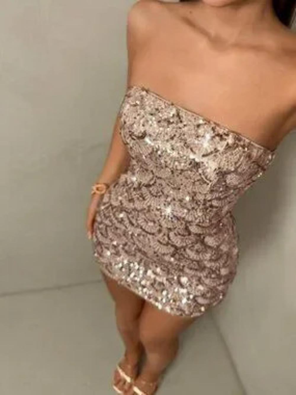ZARA Champagne Party Women's Sequin Fitted Bustier Mini Dress